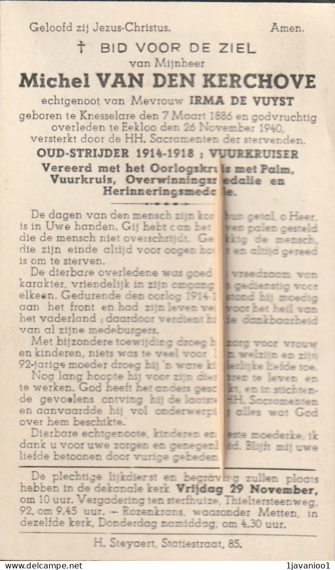 Knesselare, Eeklo, 1940, Michel Van Den Kerchove, De Vuyst, Oudstrijder : Vuurkruiser : 1914-18 - Images Religieuses