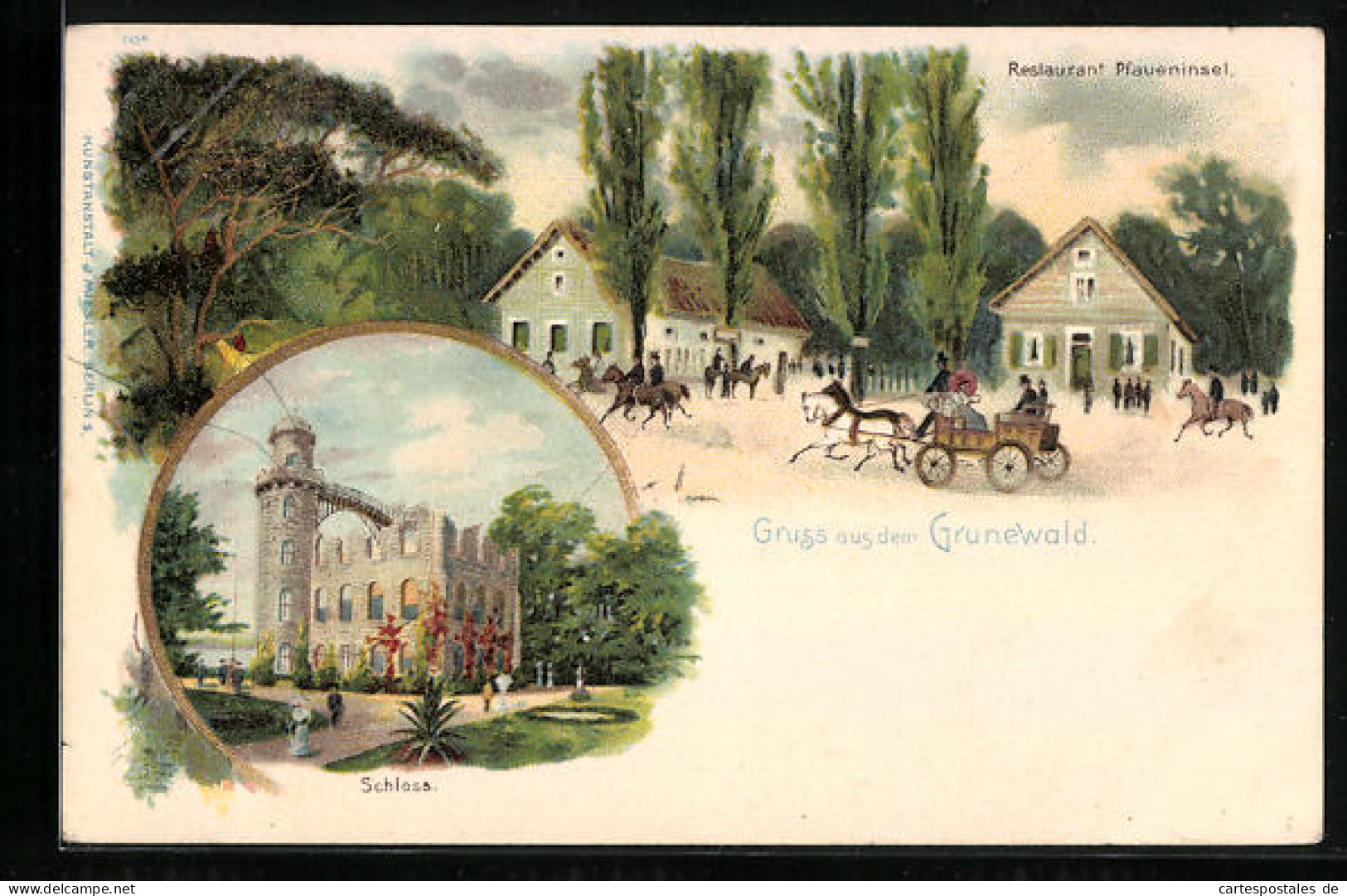 Lithographie Berlin-Grunewald, Restaurant Pfaueninsel, Schloss  - Grunewald