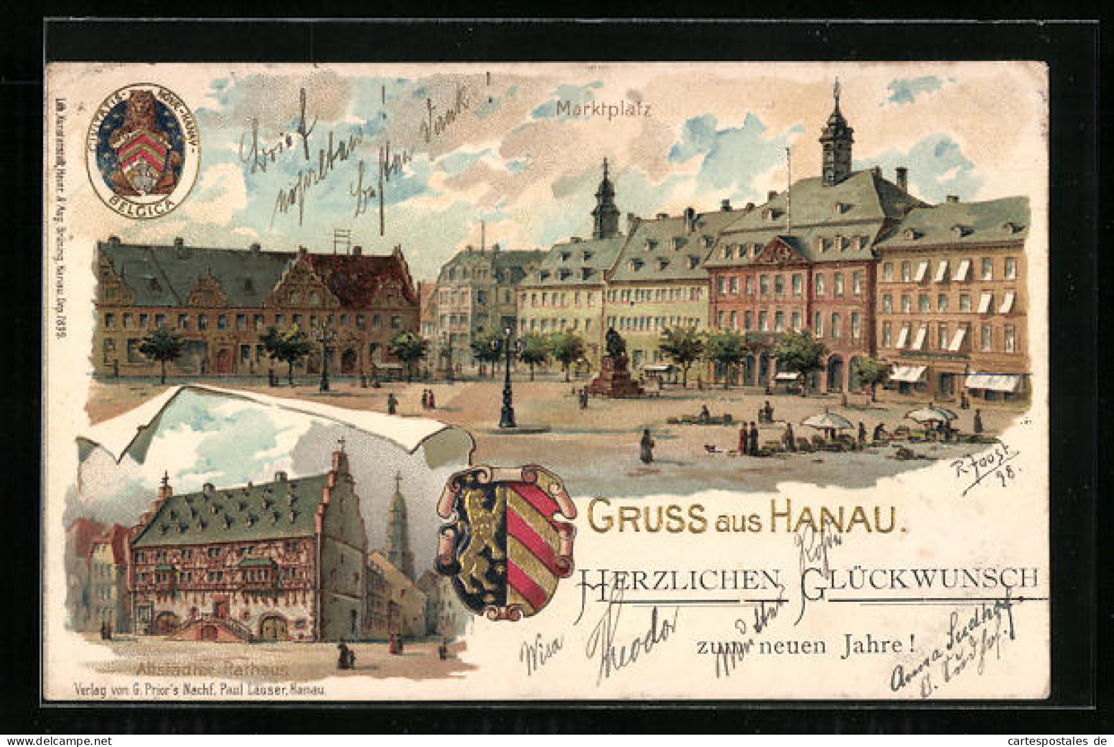 Lithographie Hanau, Marktplatz, Altstädter Rathaus, Wappen  - Hanau