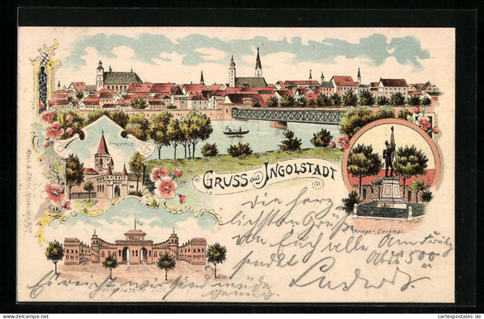 Lithographie Ingolstadt, Pionierkaserne Tilli, Kreuztor, Kriegerdenkmal  - Ingolstadt