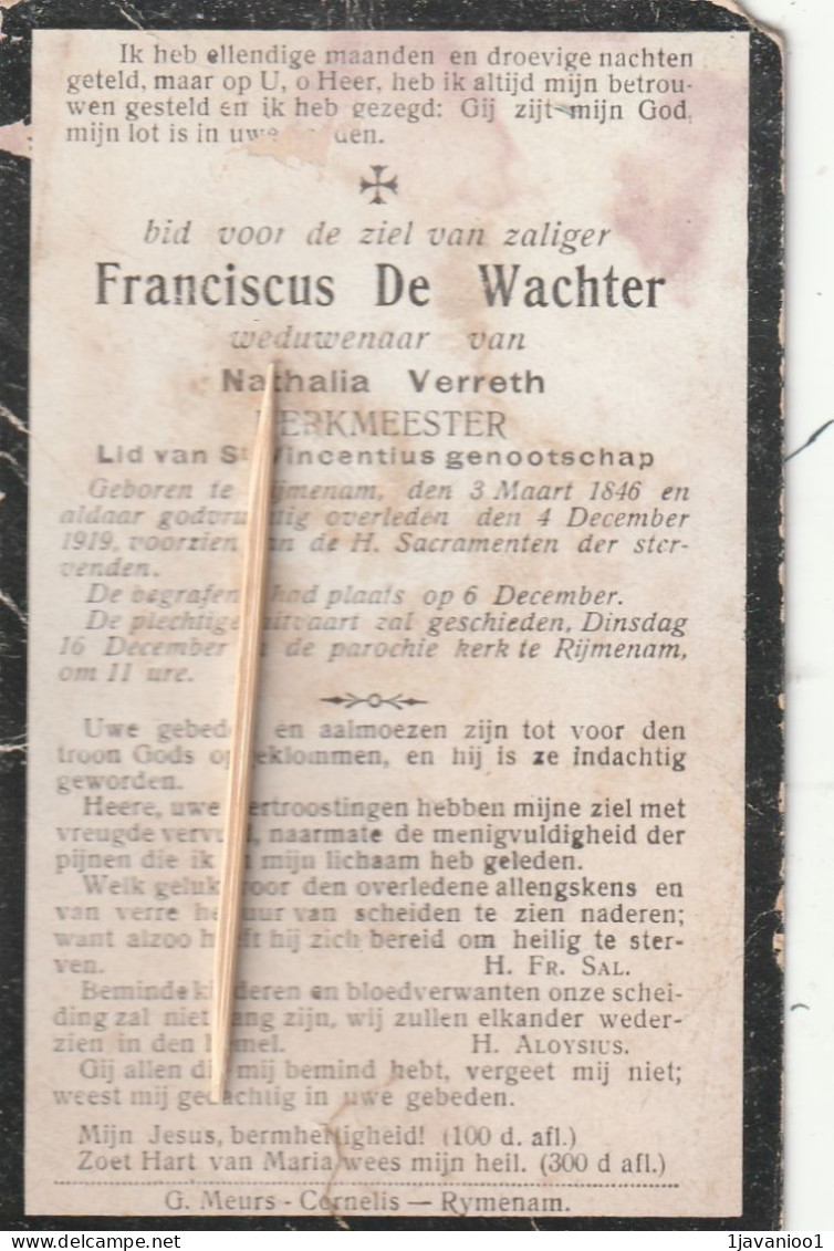 Rijmenam, 1919, Franciscus De Wachter, Verreth, - Images Religieuses