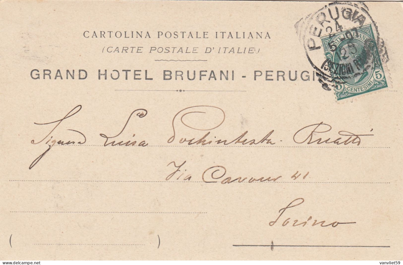 PERUGIA-GRAND HOTEL=BRUFANI=-CARTOLINA  VIAGGIATA IL 24-5-1907-RETRO INDIVISO - Perugia