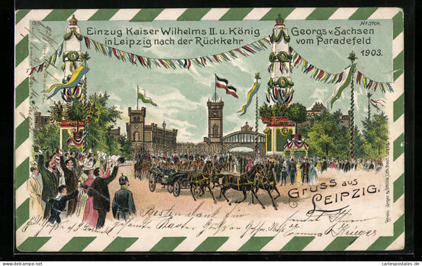 Lithographie Leipzig, Einzug Kaiser Wilhelms II. Und König Georgs V. Sachsen Nach Der Rückkehr Vom Paradefeld  - Leipzig