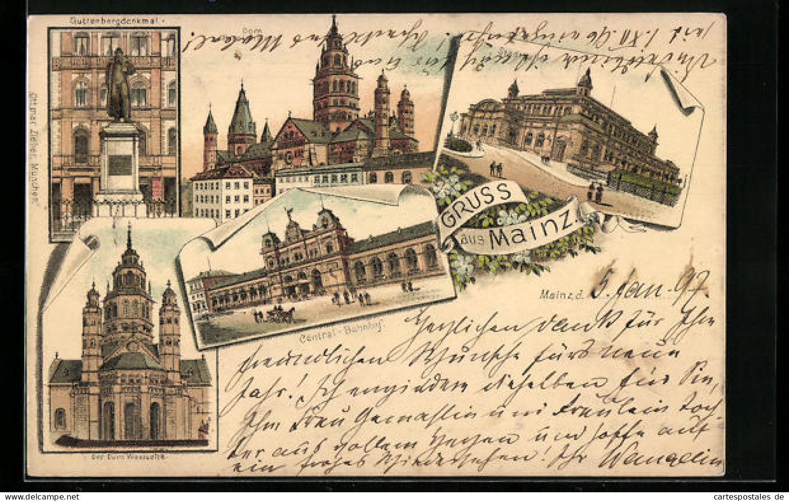 Lithographie Mainz, Guttenbergdenkmal, Central-Bahnhof, Dom, Westseite  - Mainz
