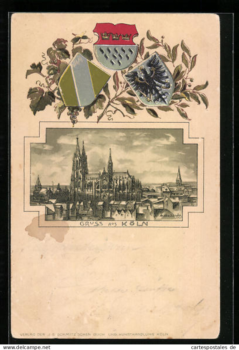 Passepartout-Lithographie Köln, Teilansicht Mit Dom, Geprägte Wappen  - Autres & Non Classés