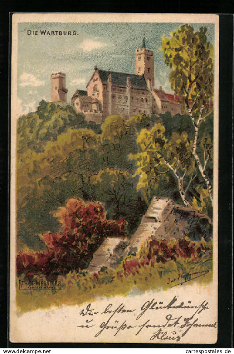 Lithographie Eisenach, Wartburg Im Herbst, Reklame Thee-Messmer  - Sonstige & Ohne Zuordnung