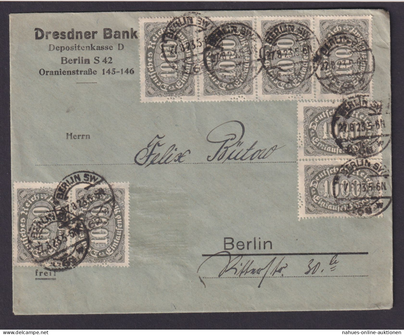 Deutsches Reich Infla Brief MEF 1000 Mark Perfin Privatlochung Berlin Dresdner - Covers & Documents