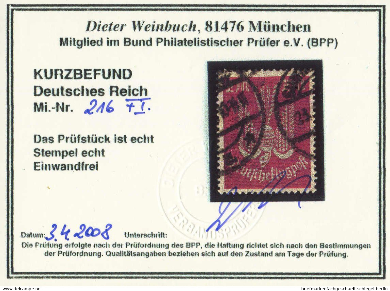 Deutsches Reich, 1922, 216 F I, Gestempelt - Other & Unclassified