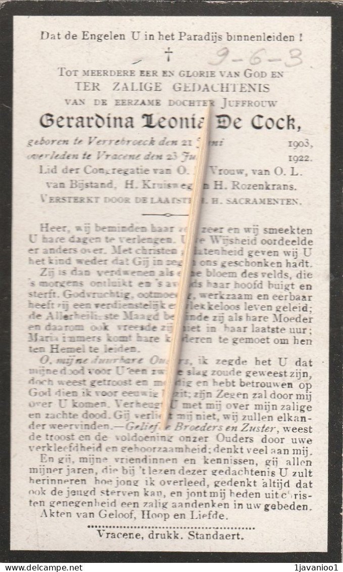 Verrebroek, Verrebroeck, 1922, Gerardina De Cock, - Religione & Esoterismo