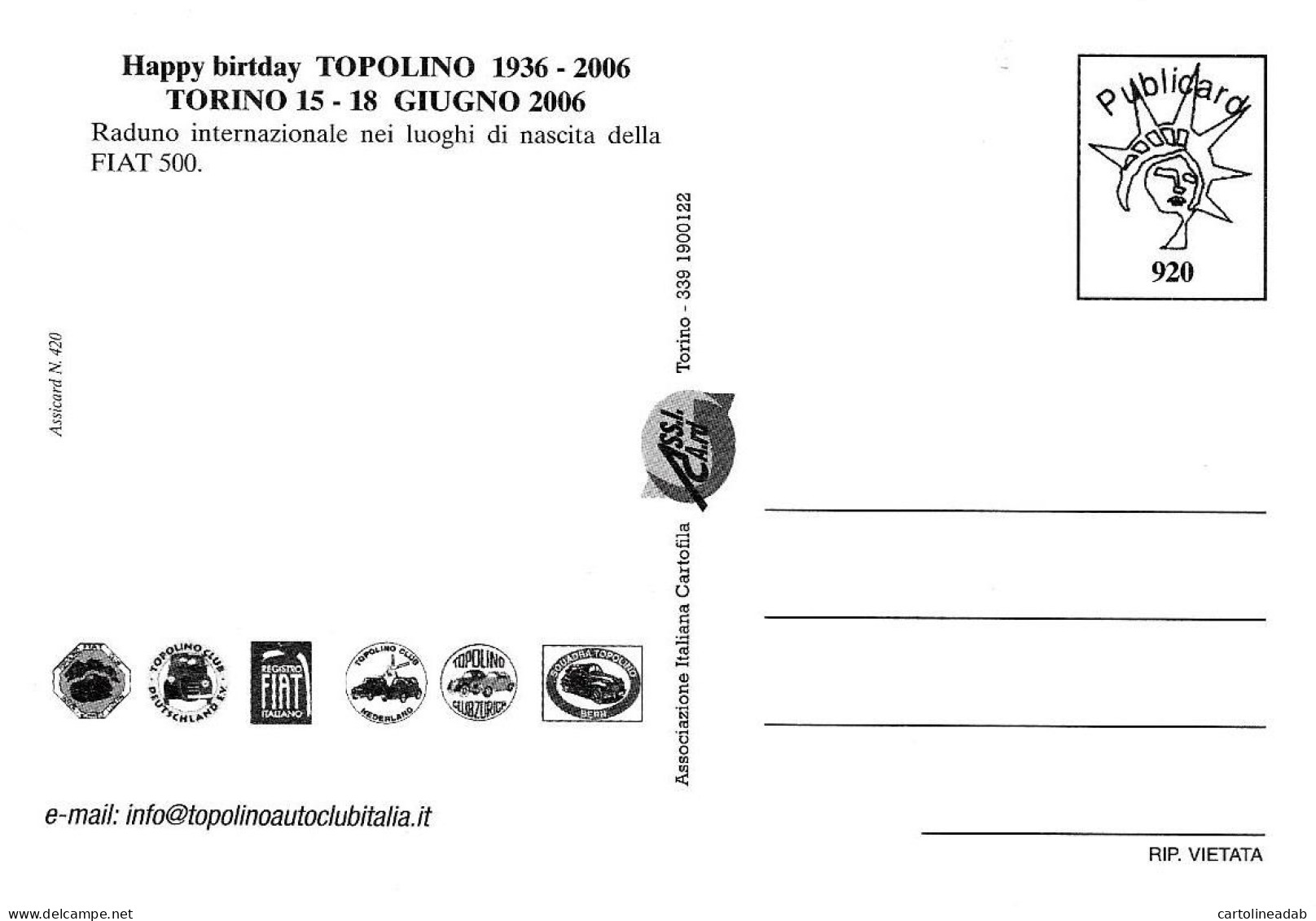 [MD9760] CPM - TORINO MOLE ANTONELLIANA - HAPPY BIRTHDAY TOPOLINO FIAT - PUBLICARD 920 - PERFETTA - NV - Mole Antonelliana