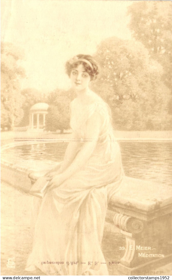 PAINTING, FINE ARTS, E. MEYER, MEDITATION, WOMAN, FOUNTAIN, ARCHITECTURE, POSTCARD - Paintings