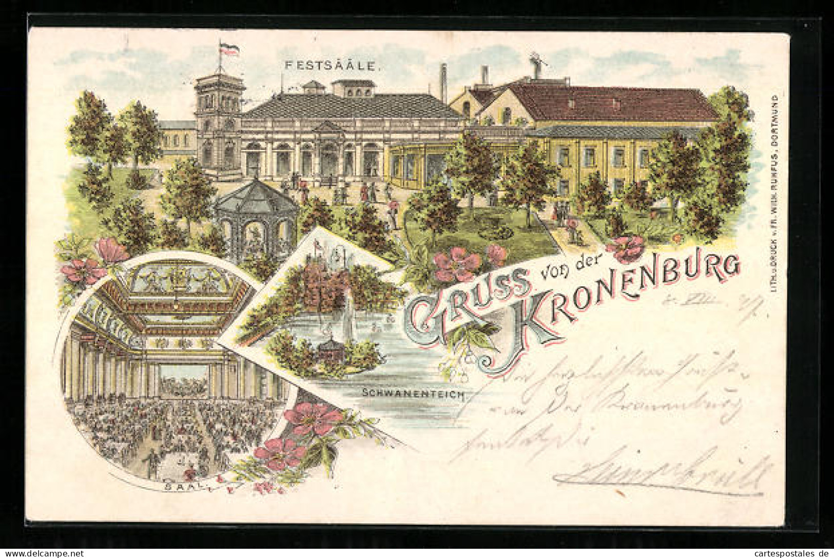 Lithographie Dortmund, Gasthaus Kronenburg Mit Festsälen Und Garten  - Dortmund