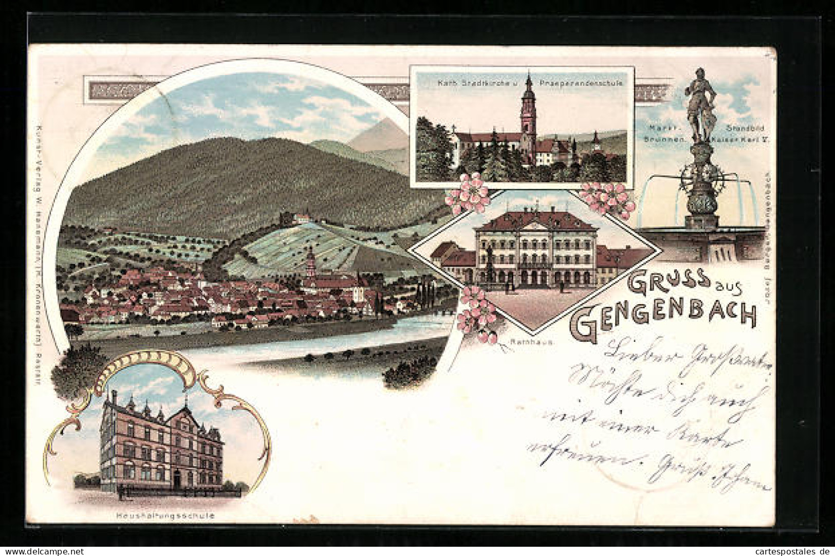 Lithographie Gengenbach, Gesamtansicht Mit Fluss Und Bergen, Kath. Kirche Und Präparandenschule  - Other & Unclassified