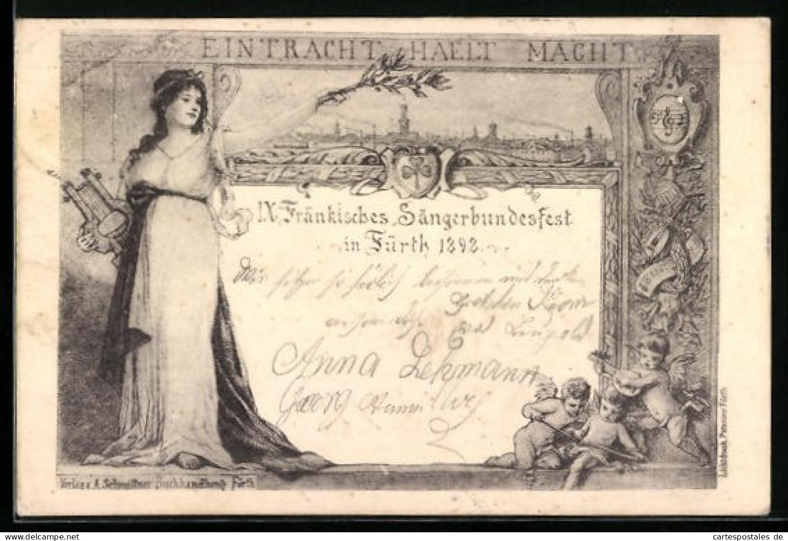 Künstler-AK Fürth, IX. Fränkisches Sängerbundesfest 1898, Teilansicht, Frau Mit Leier  - Sonstige & Ohne Zuordnung