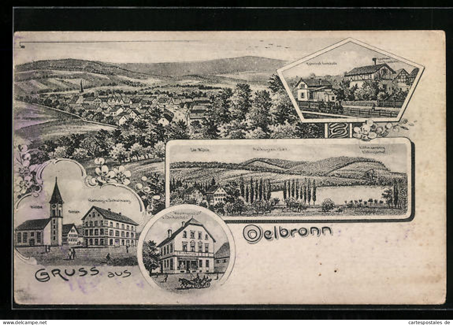 Lithographie Oelbronn, Ortsansicht, Bahnhof, Kirche, Rathaus U. Schulhaus  - Sonstige & Ohne Zuordnung