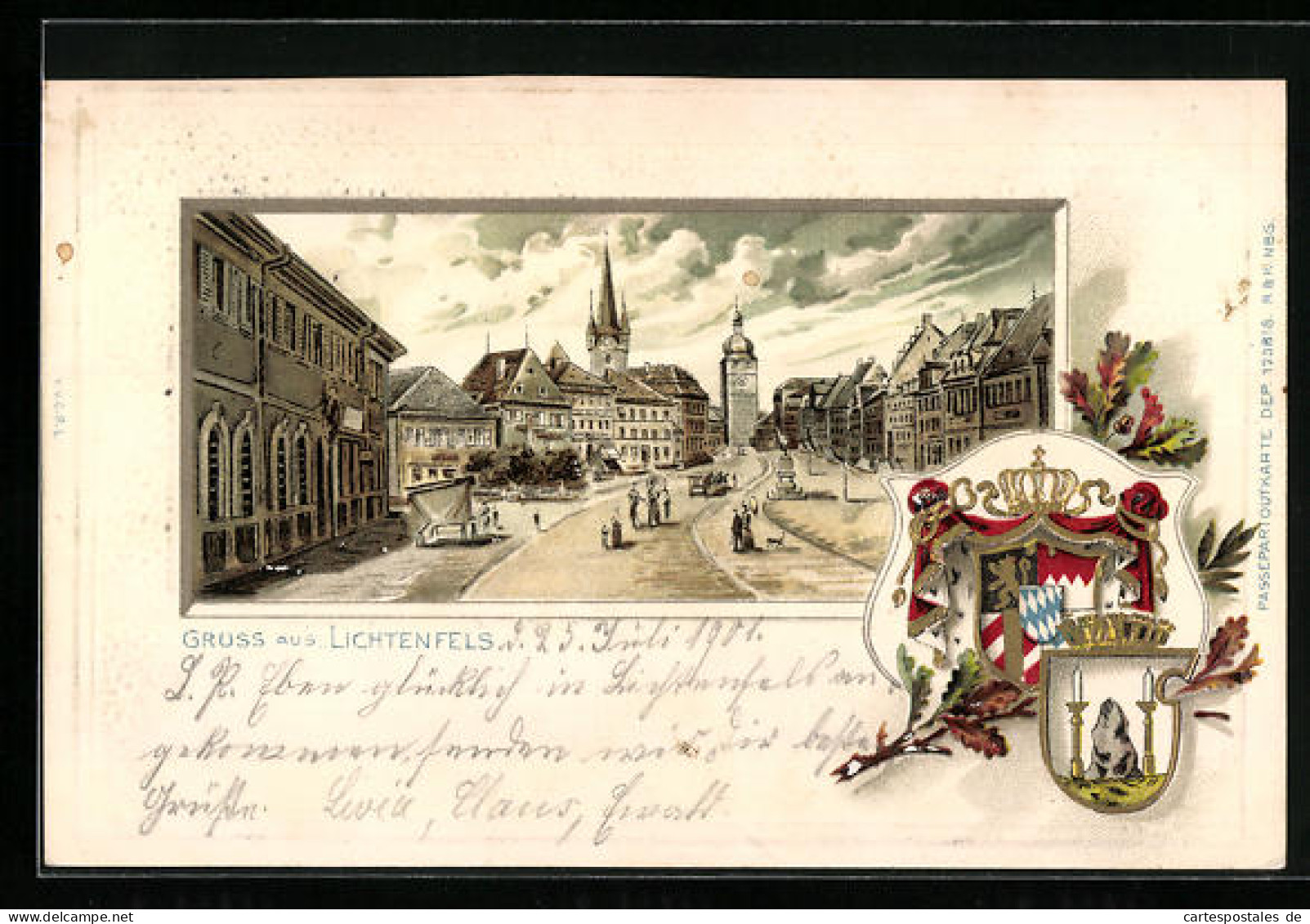 Passepartout-Lithographie Lichtenfels, Strassenpartie Mit Turm Und Denkmal, Wappen  - Other & Unclassified