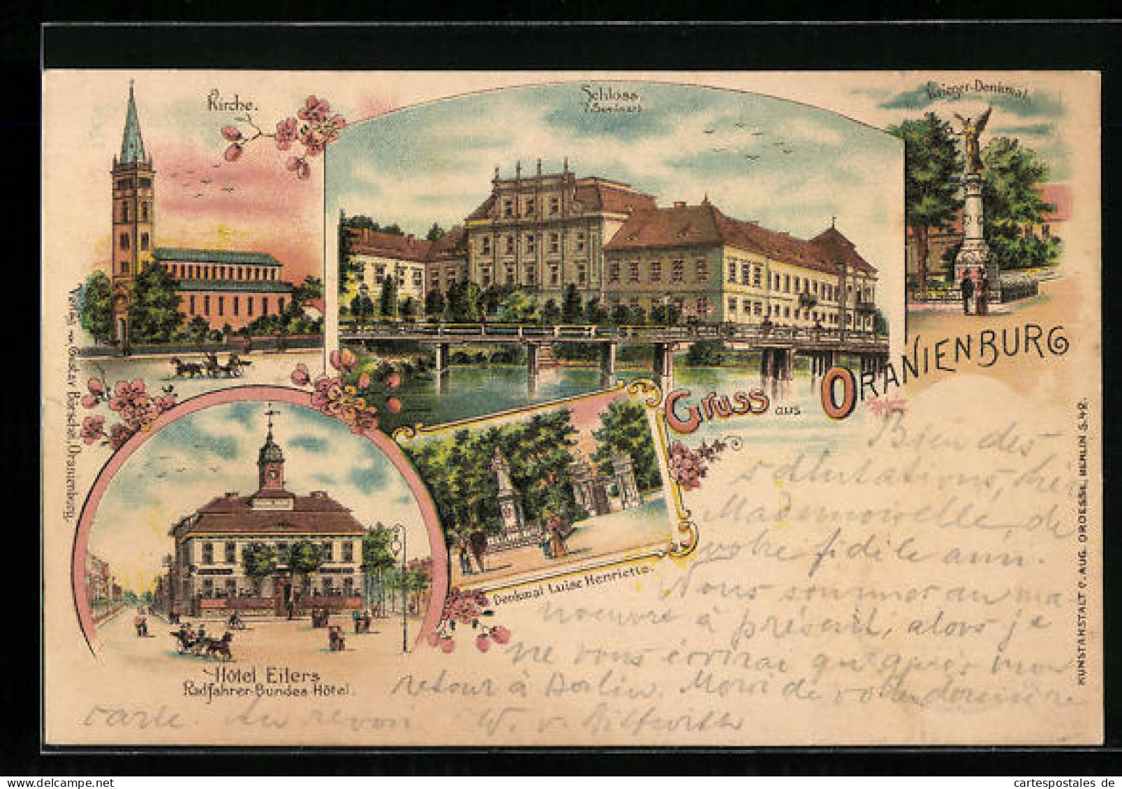 Lithographie Oranienburg, Hotel Eilers, Krieger-Denkmal, Kirche  - Oranienburg