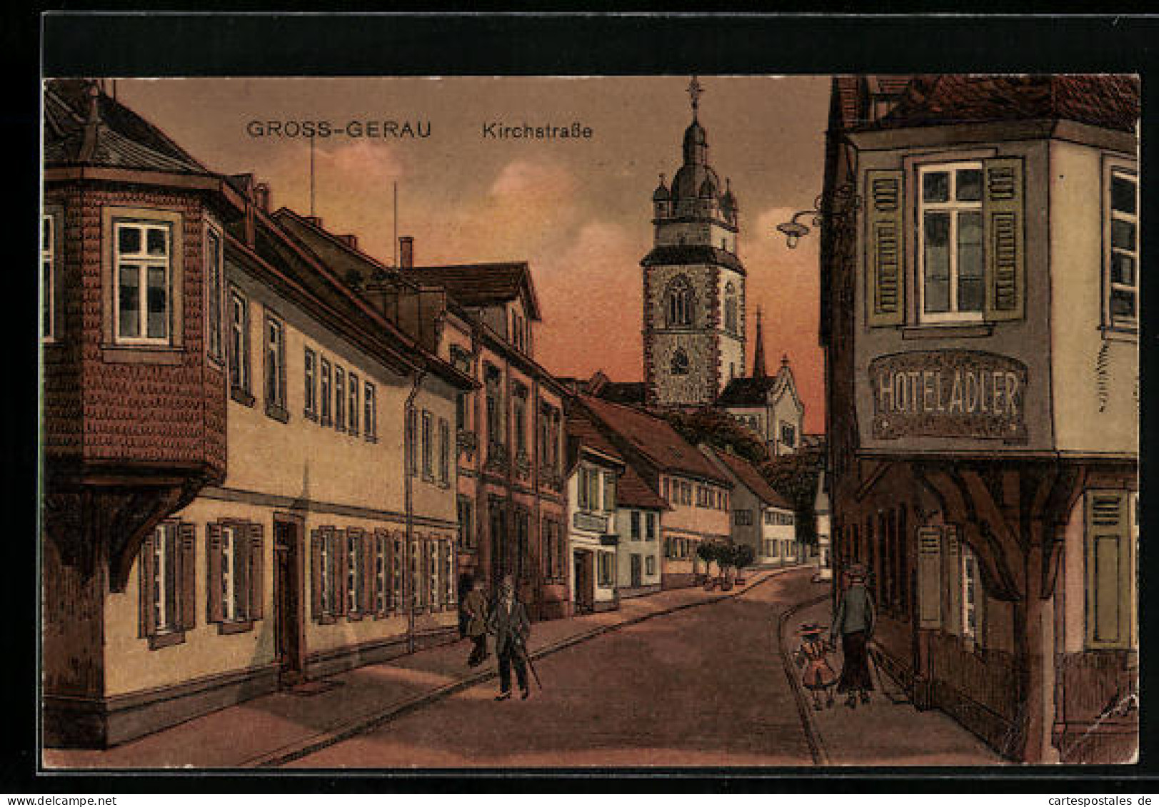 Künstler-AK Gross-Gerau, Hotel Adler In Der Kirchstrasse, Blick Zur Kirche  - Gross-Gerau