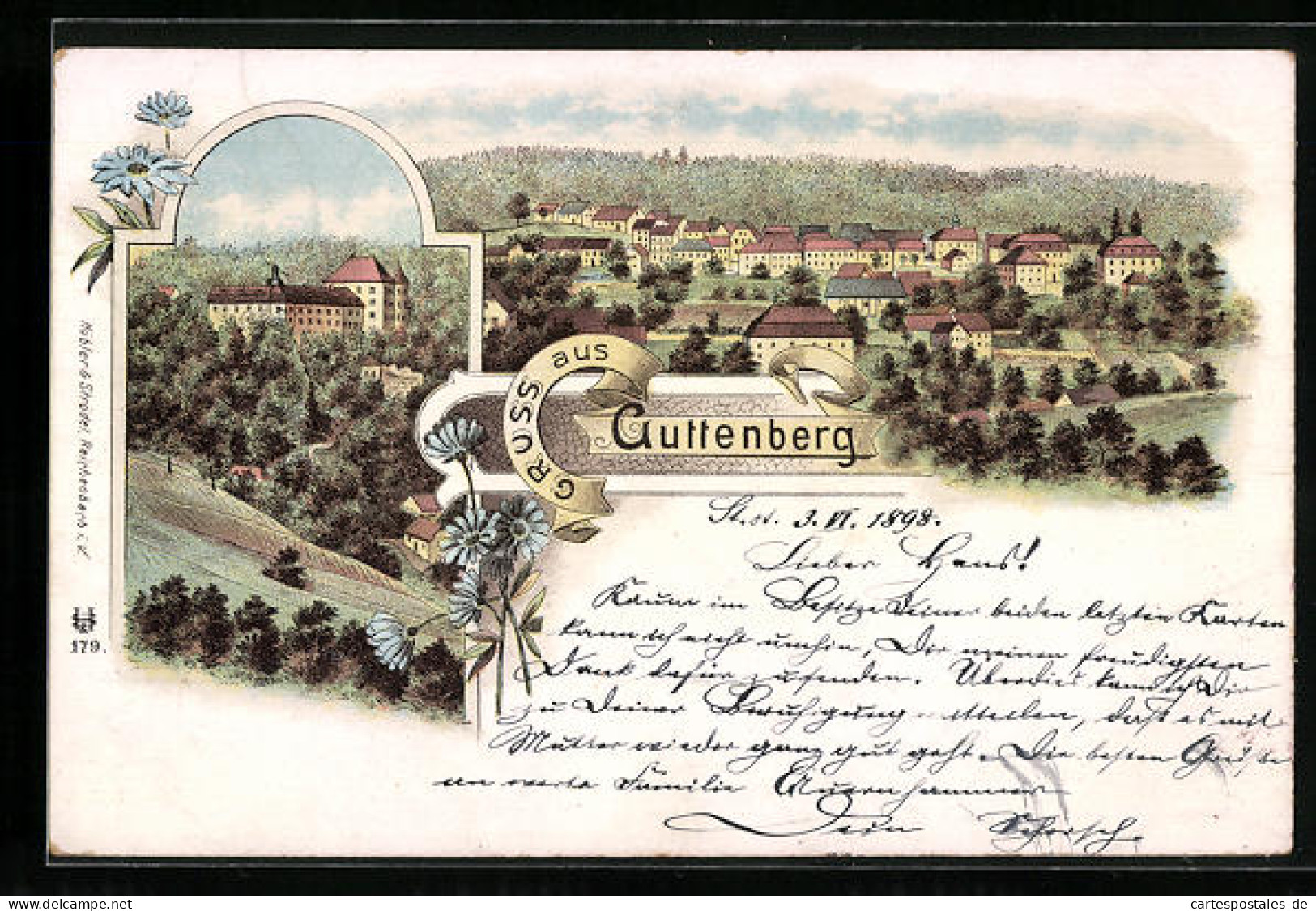 Lithographie Guttenberg, Schloss, Panorama  - Other & Unclassified