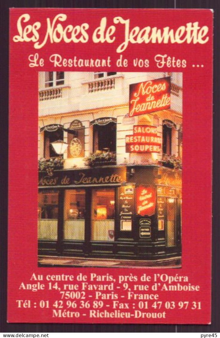 CARTE PUBLICITAIRE RESTAURANT LES NOCES DE JEANNETTE A PARIS - Visitekaartjes