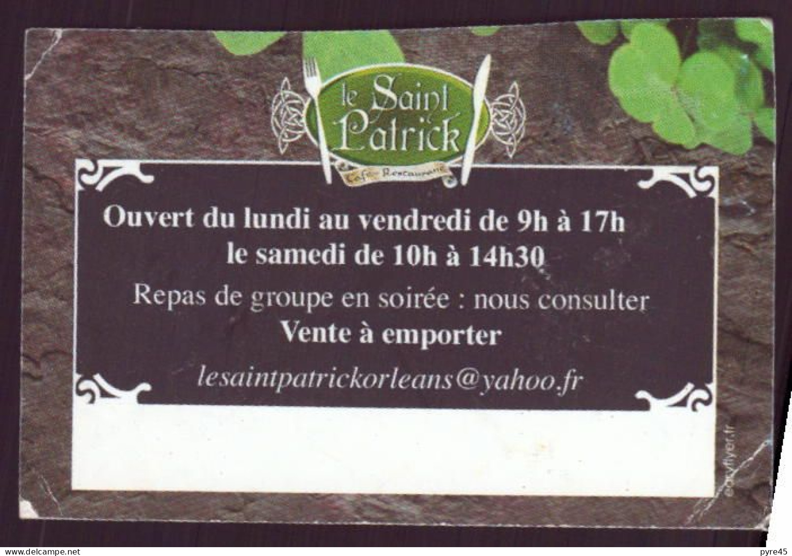 CARTE PUBLICITAIRE LE SAINT PATRICK CAFE RESTAURANT  ORLEANS - Tarjetas De Visita