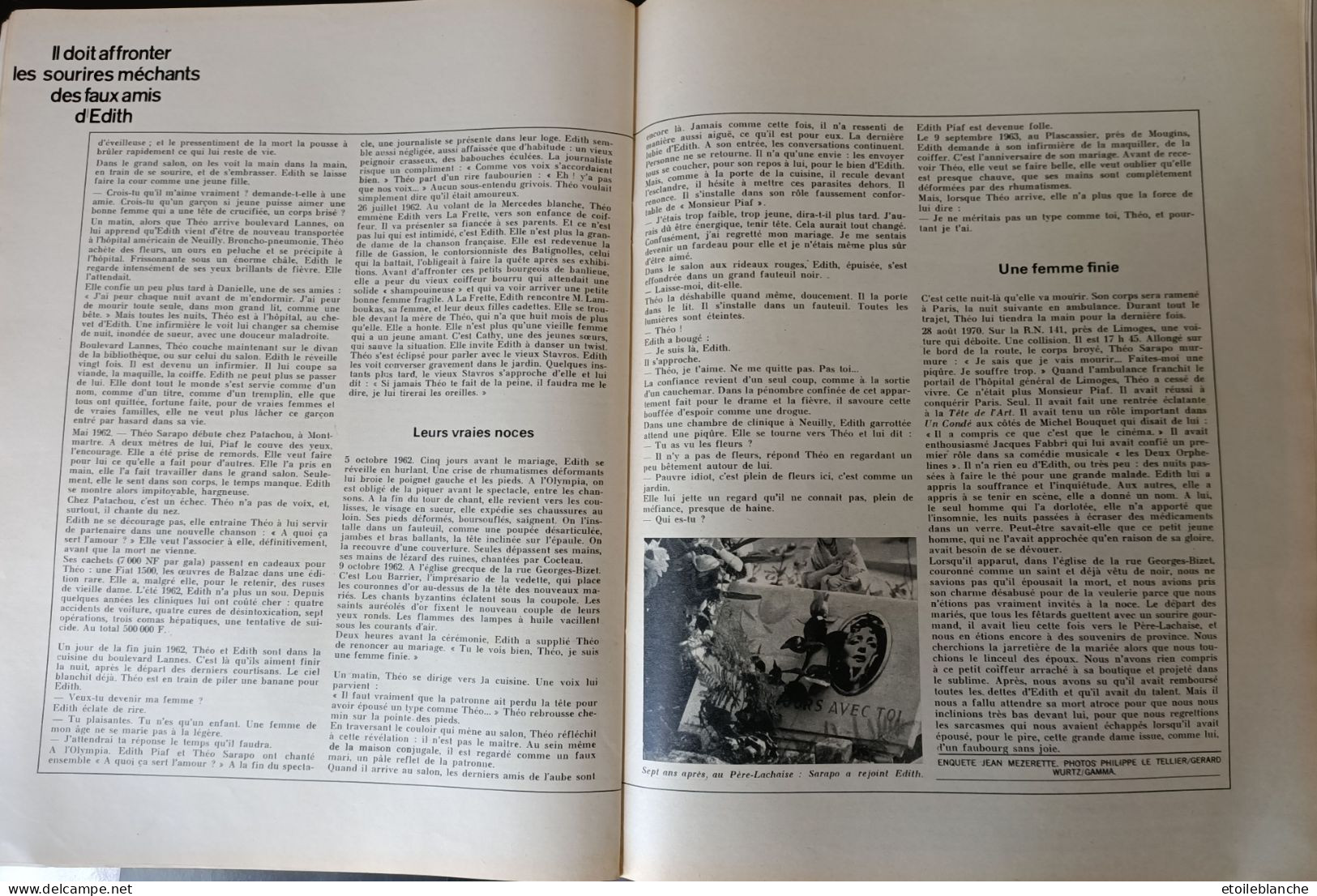 Edith PIAF - Theo Sarapo, Article Paris Match 1970 - Leur Rencontre, Leur Mort, Le Cimetière Père Lachaise - Informations Générales