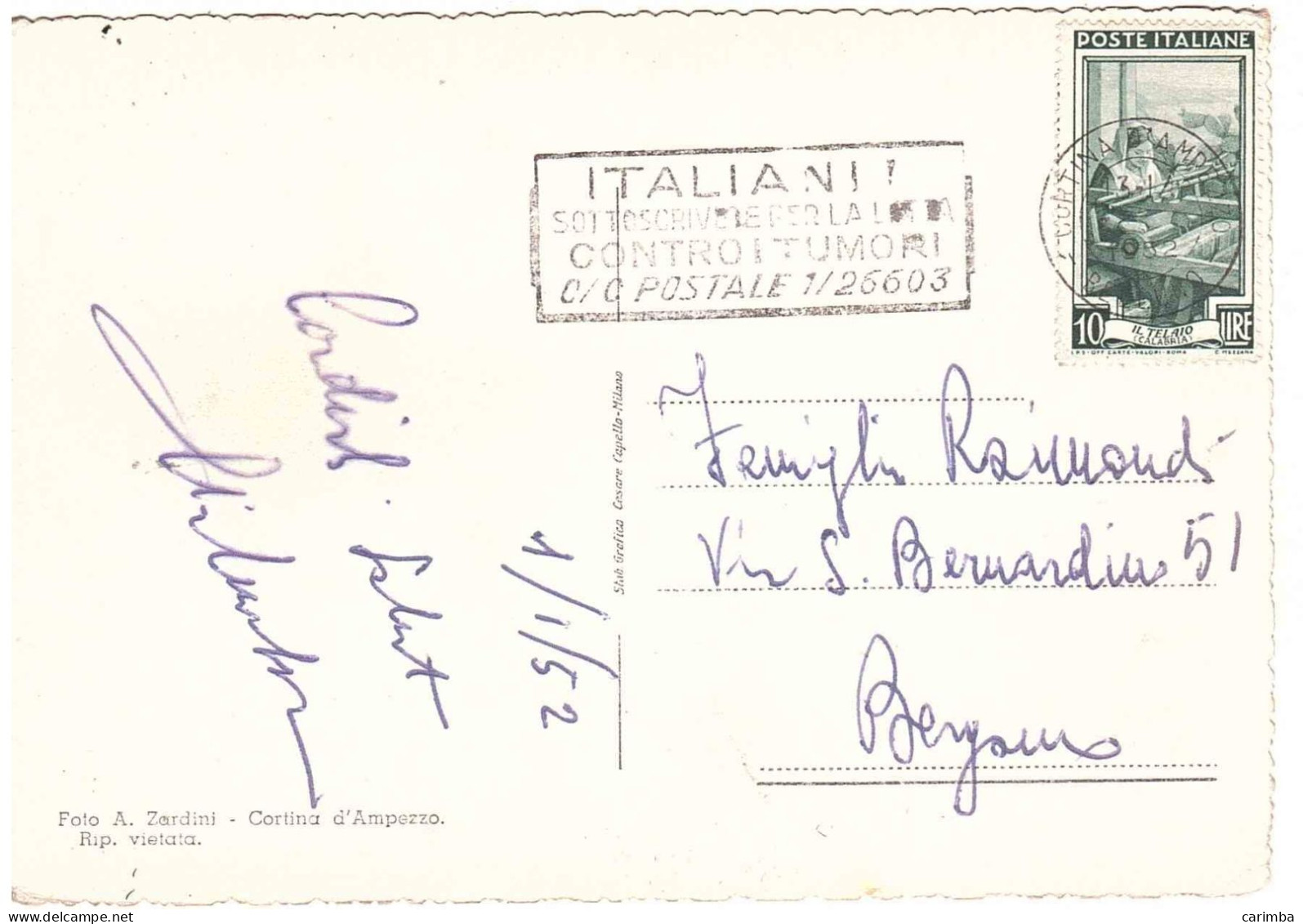 CARTOLINA CORTINA ANNULLO TARGHETTA LOTTA TUMORI - 1946-60: Poststempel