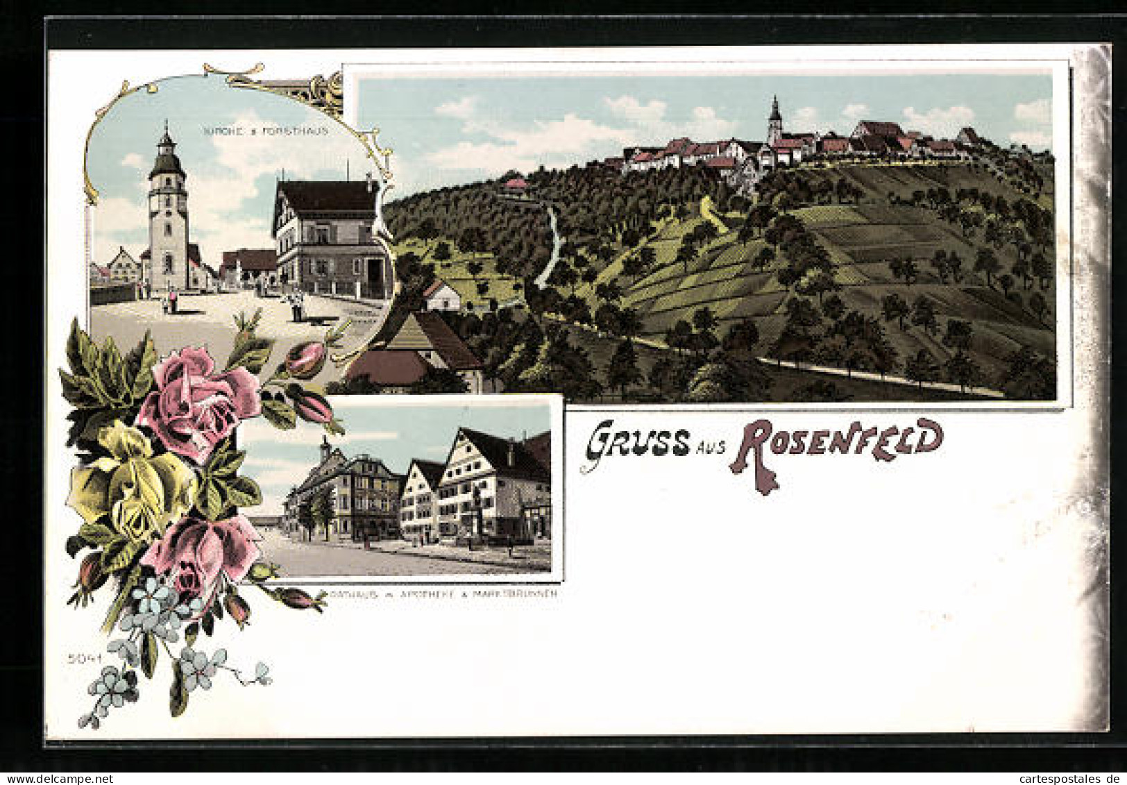 Lithographie Rosenfeld, Rathaus Mit Apotheke Und Marktbrunnen, Kirche Und Forsthaus  - Hunting