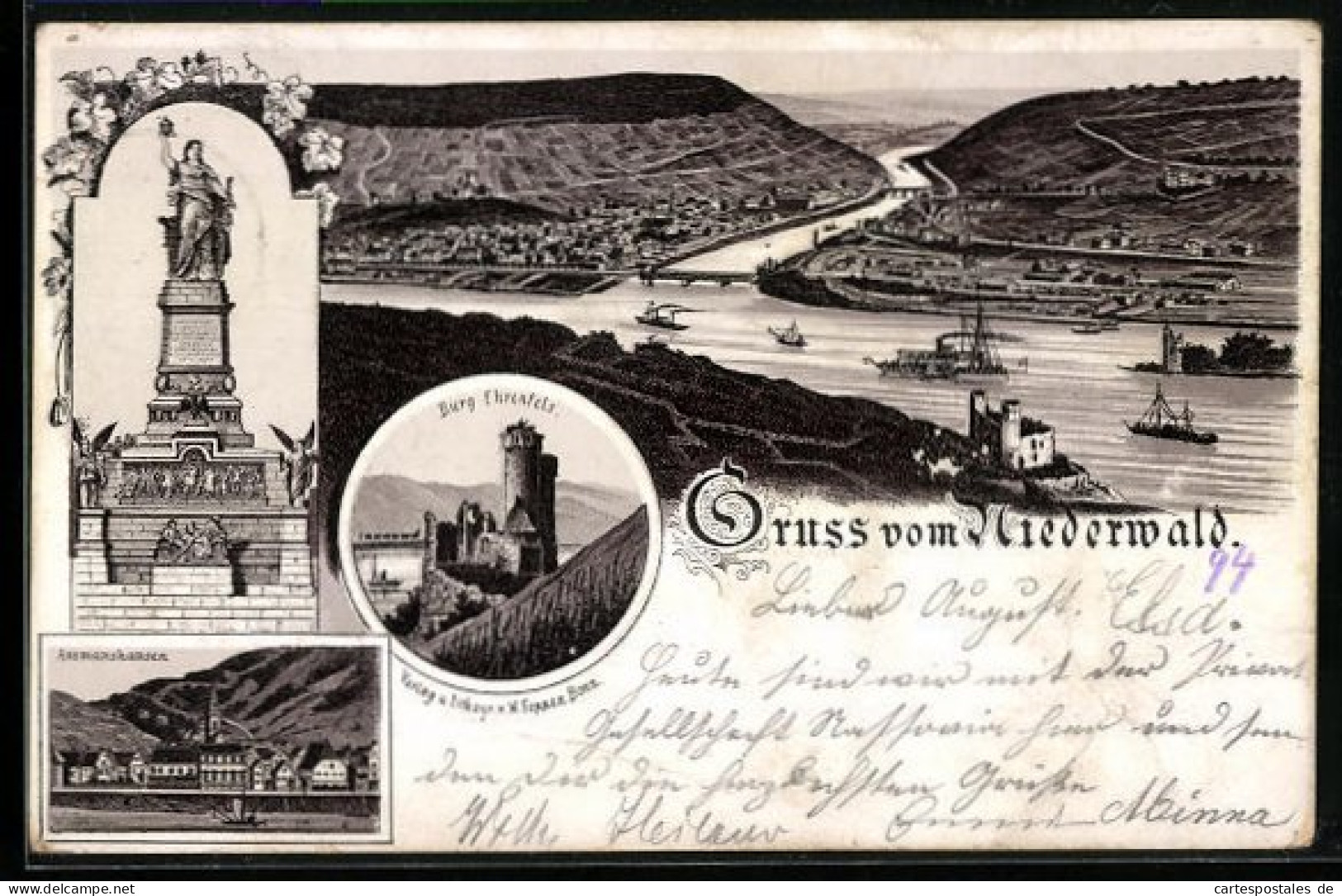 Vorläufer-Lithographie Assmannshausen, Burg Ehrenfels, Niederwald-Denkmal 1894  - Other & Unclassified