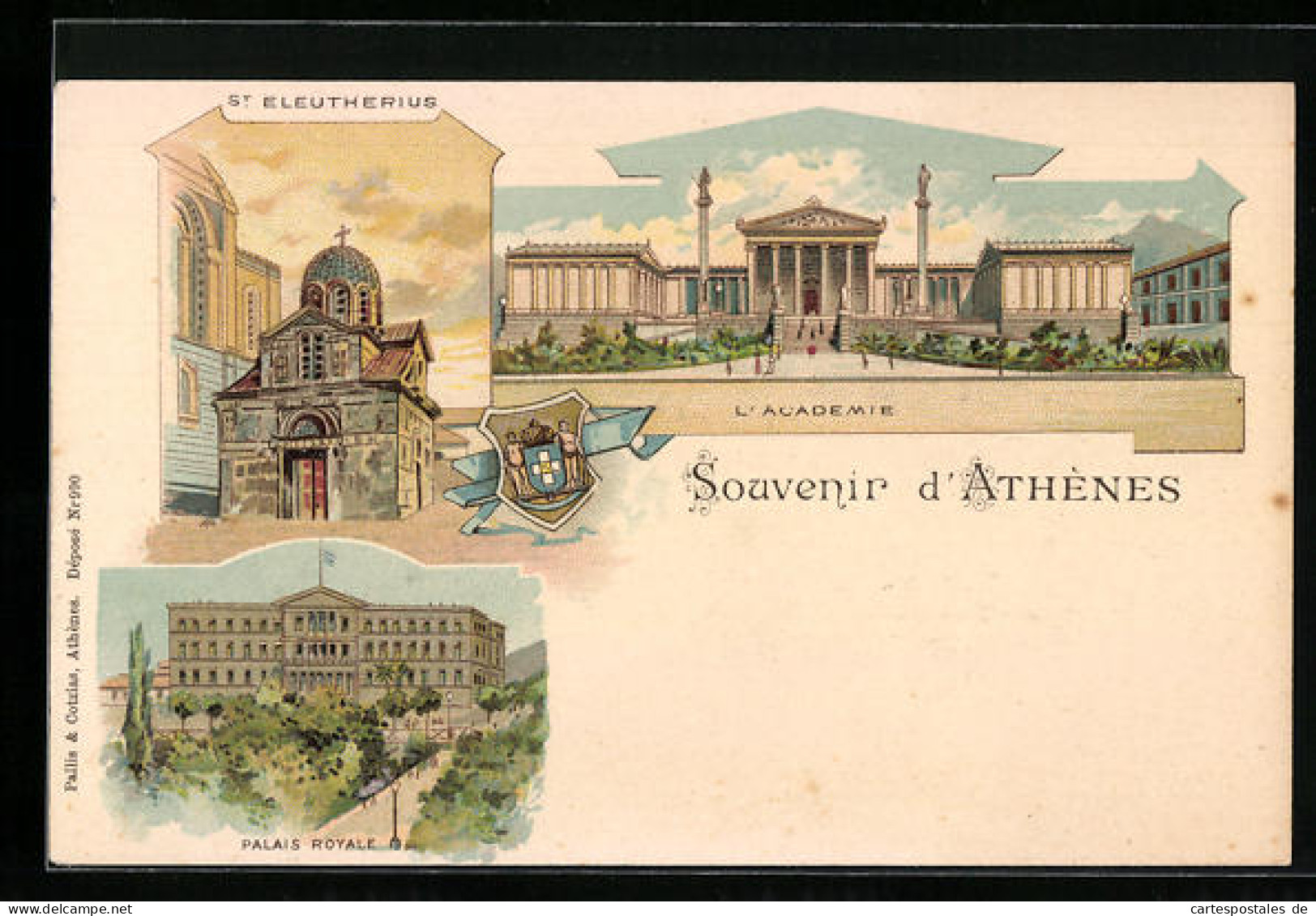 Lithographie Athenes, St. Eleutherius, L`Academie, Palais Royale  - Grèce