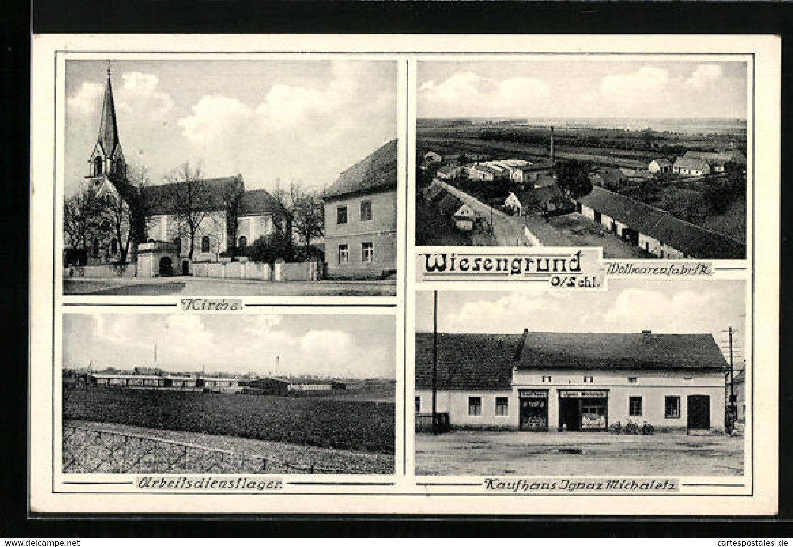 AK Wiesengrund, Kirche, Arbeitsdienstlager, Wollwarenfabrik, Kaufhaus Ignaz Machaletz  - Schlesien