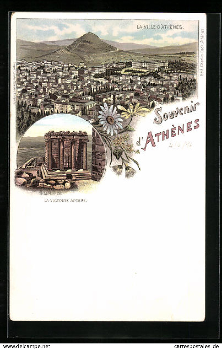 Lithographie Athen, La Ville D`Athènes, Temple De La Victoire Aptere  - Grèce