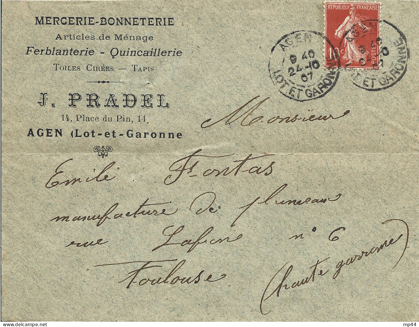 6L3 --- Lettre De 47 AGEN J.Pradel, Mercerie-bonneterie - 1900 – 1949