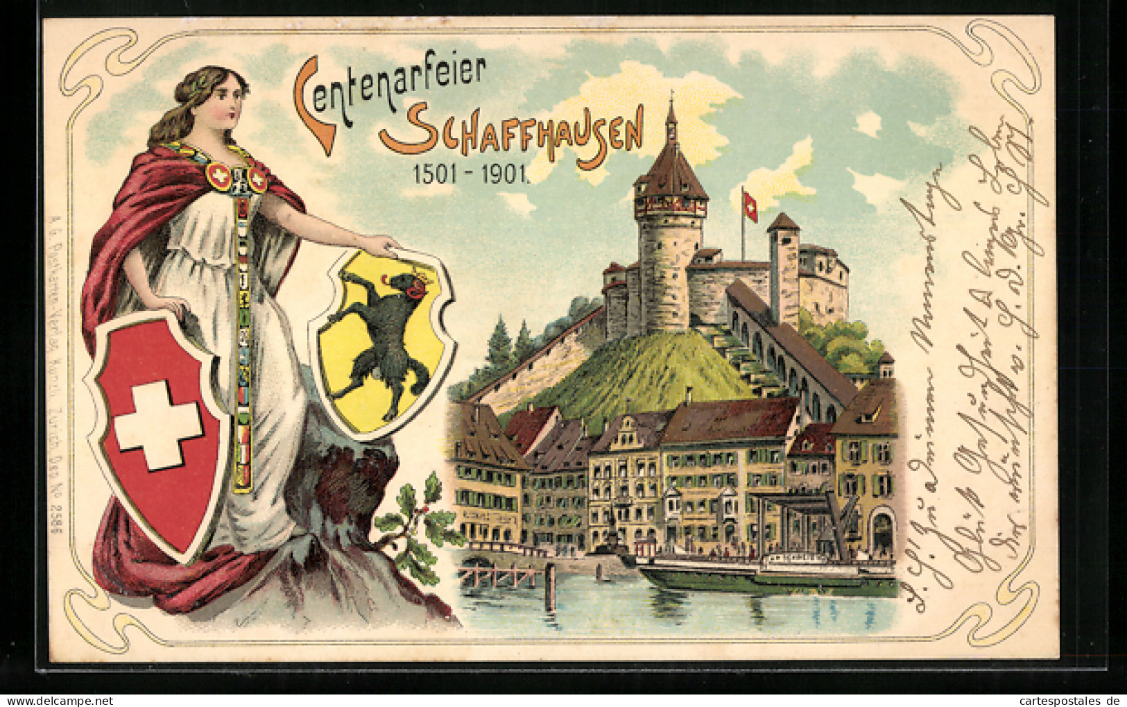 Lithographie Schaffhausen, Centenarfeier, Helvetia Mit Wappen  - Sonstige & Ohne Zuordnung