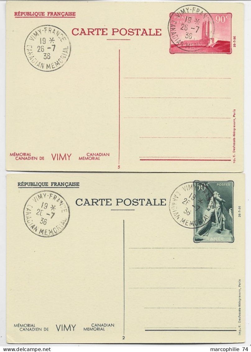 ENTIER VIMY 50C ET 90C ROUGE CARTE VIMY FRANCE 26.7.1936 CANADIAN MEMORIAL 1ER JOUR ENTIER - Standard Postcards & Stamped On Demand (before 1995)