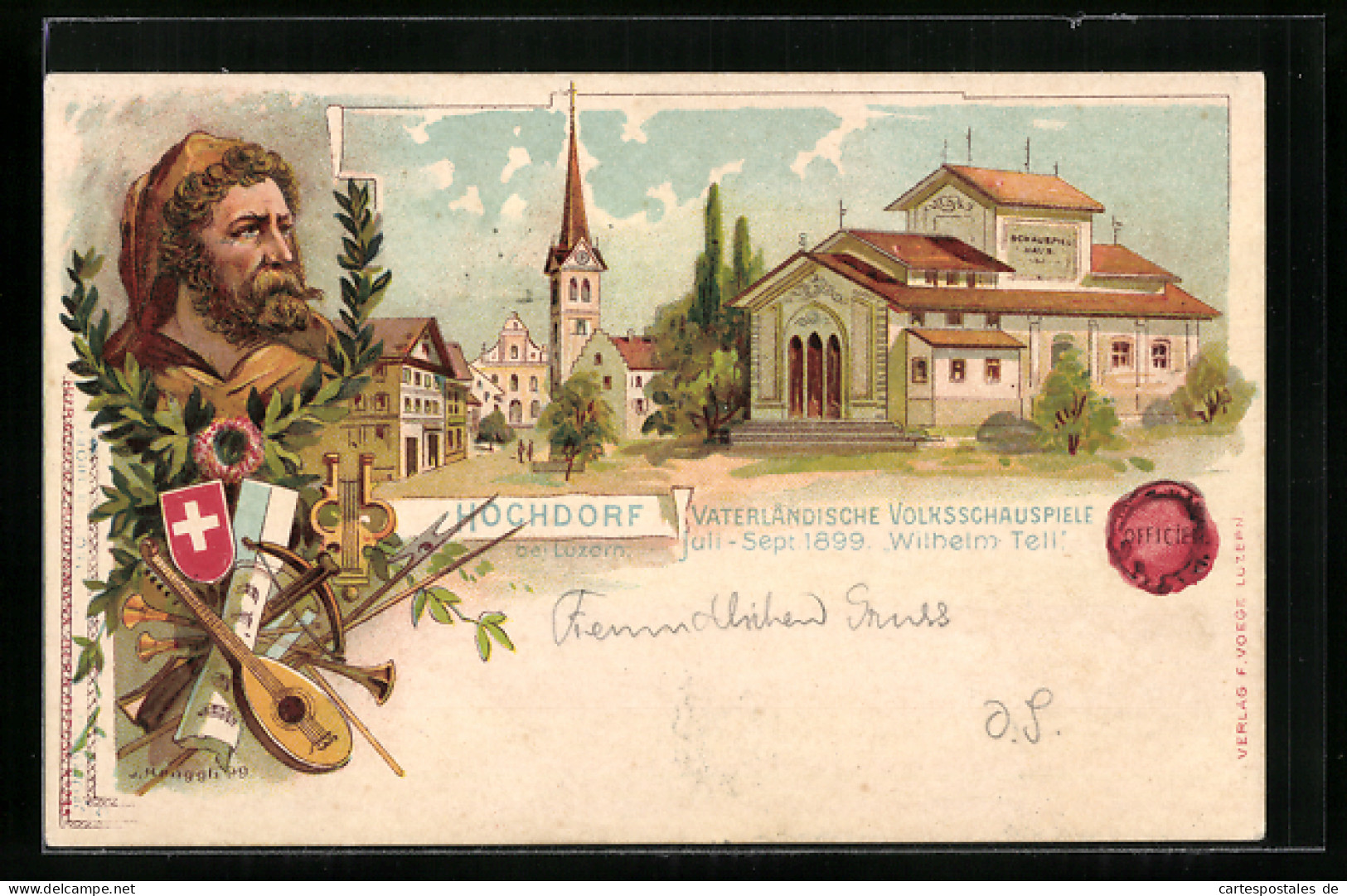 Lithographie Hochdorf, Vaterländische Volksschauspiele 1899 Wilhelm Tell, Schauspielhaus  - Hochdorf