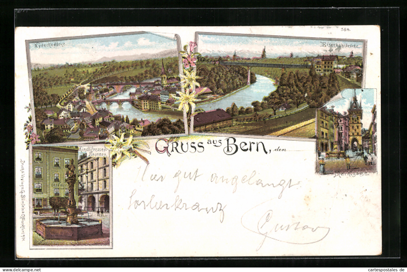 Lithographie Bern, Eisenbahnbrücke, Marktgasse, Nydeckbrücke  - Bern