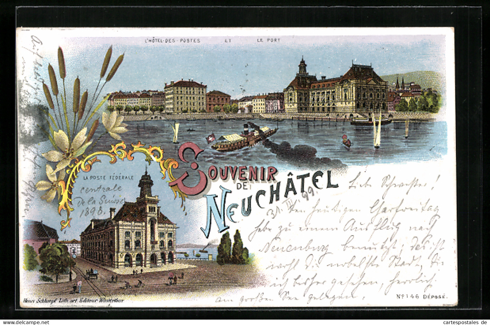 Lithographie Neuchatel, L`Hotel-des-Postes Et Le Port, La Poste Fédérale  - Other & Unclassified