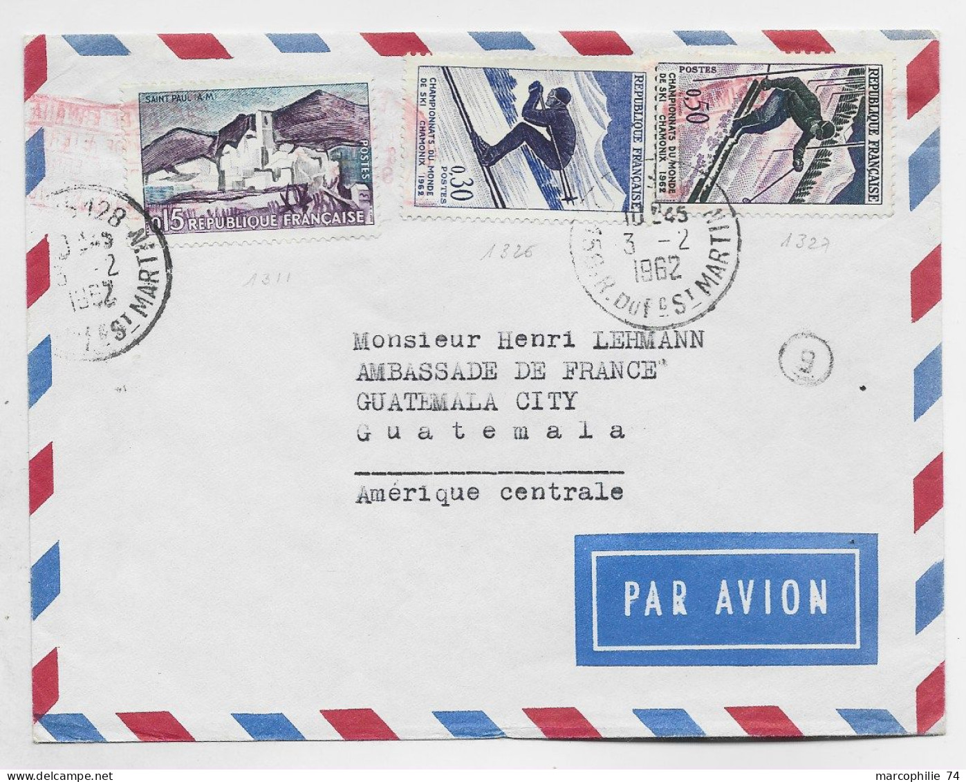 CHAMONIX 30C+50C+15C LETTRE AVION PARIS 128 3.2.1962 POUR GUATEMALA AU TARIF - 1961-....