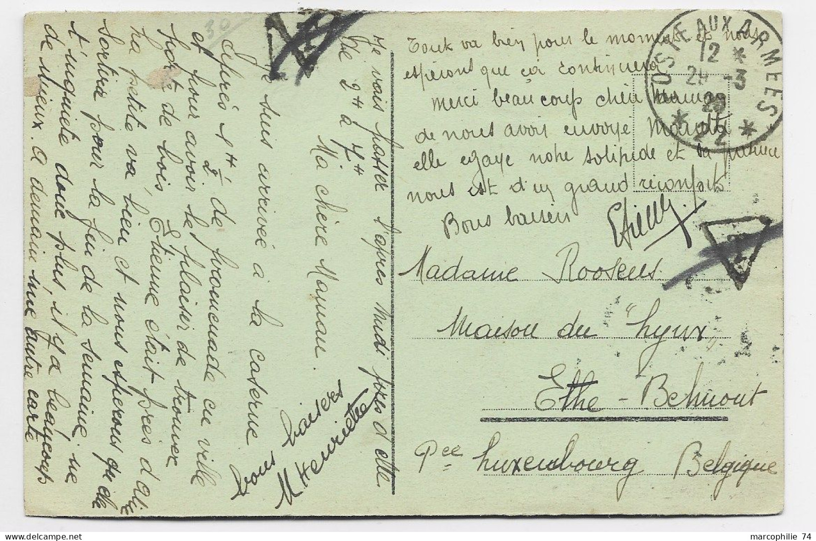 PASTEUR 50C+ 25C SEMEUSE AU RECTO CARTE TREVES GERMANY ALLEMAGNE POSTE AUX ARMEES 29.3.1926 POUR LUXEMBOURG BELGE - Military Postmarks From 1900 (out Of Wars Periods)