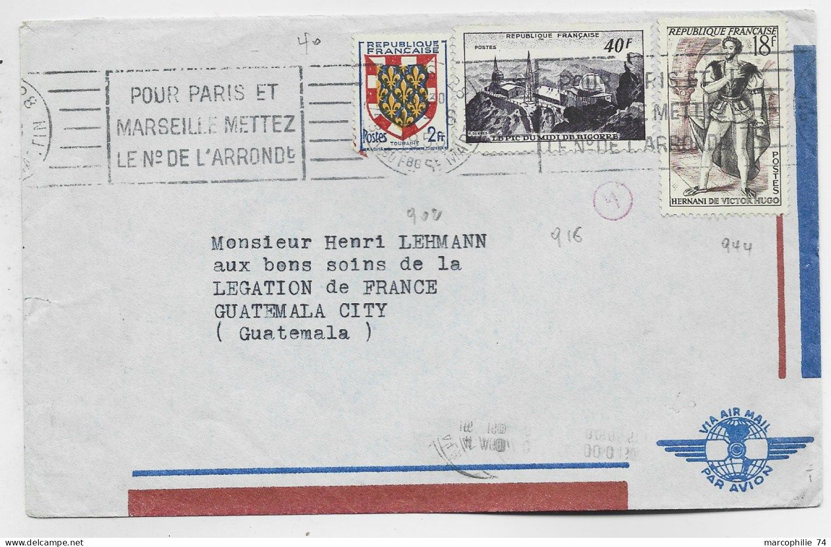 BLASON 2FR+ 18FR HERNANI +40FR PIC BIGORRE LETTRE AVION PARIS 128 1952 TO GUATEMALA CITY AU TARIF - 1941-66 Armoiries Et Blasons