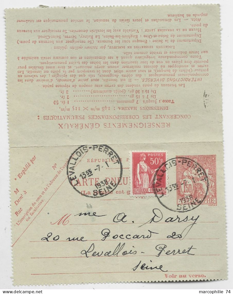 FRANCE PAIX SUR ENTIER 1FR 50 CHAPLAIN CARTE PNEUMATIQUE LEVALLOIS PERRET 7.1.19378 SEINE AU TARIF - 1932-39 Frieden