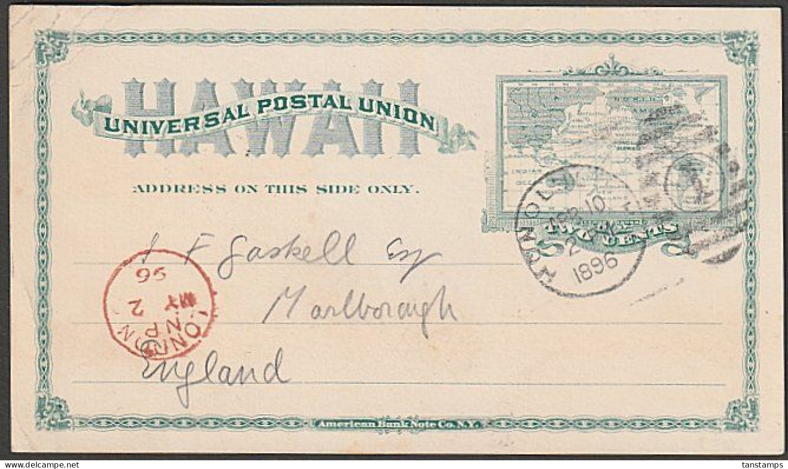 HAWAII - ENGLAND 1896 UPU 2c POSTAL STATIONERY CARD - Hawaii