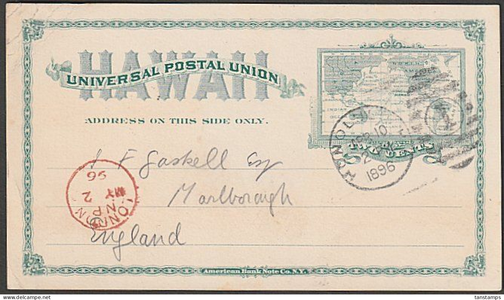 HAWAII - ENGLAND 1896 UPU 2c POSTAL STATIONERY CARD - Hawaï