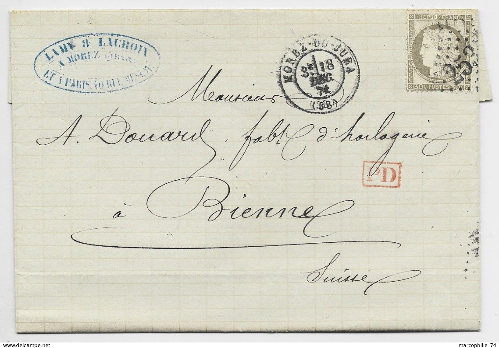 FRANCE CERES 30C SEUL LETTRE GC 2535 TYPE 17 MOREZ DU JURA  18 DEC 1874  POUR SUISSE - 1849-1876: Klassik