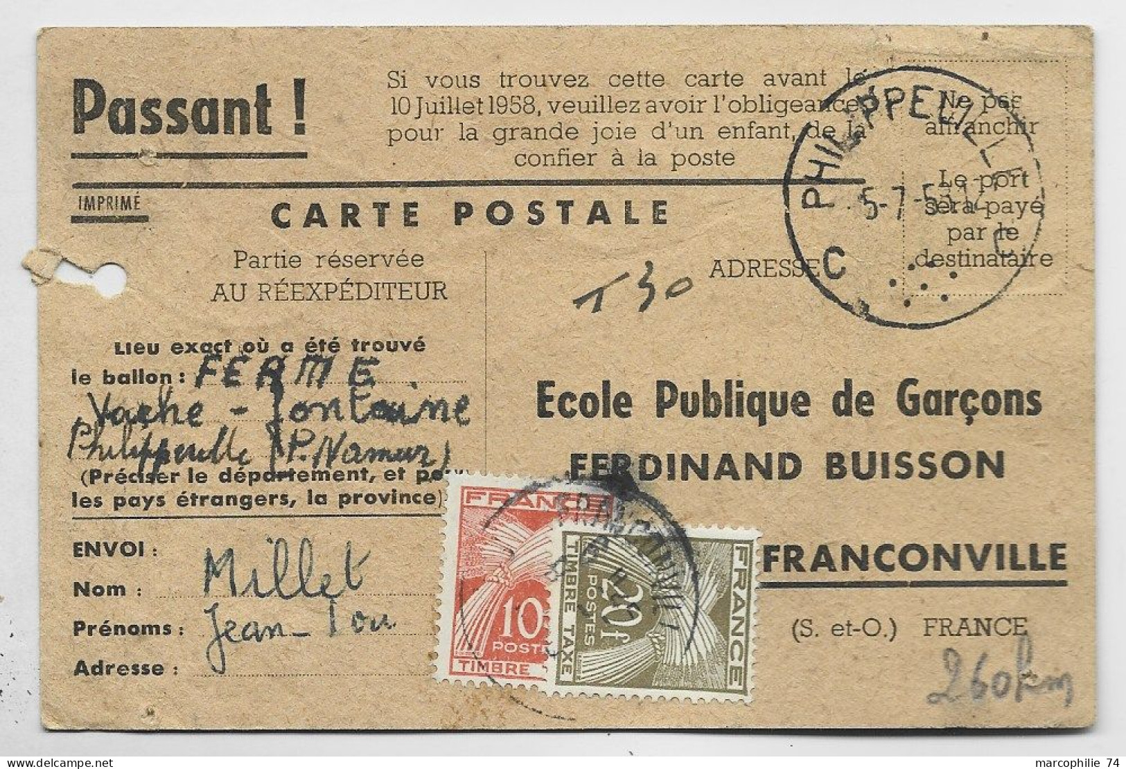 FRANCE TAXE GERBES 10FR+20FR FRANCONVILLE 1953 SUR CARTE POSTALE PAR BALLON DE BELGIQUE PHILIPPEVILLE NAMUR - 1859-1959 Briefe & Dokumente