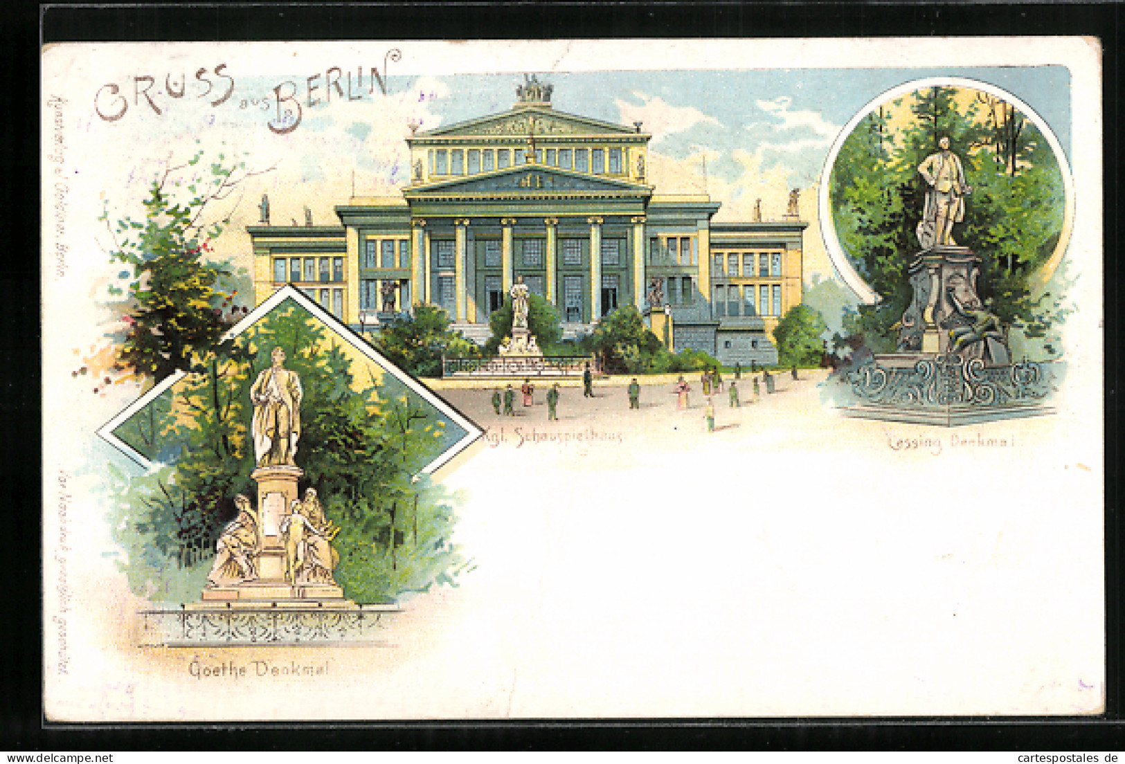 Lithographie Berlin, Goethe Denkmal, Lessing Denkmal, Kgl. Schauspielhaus, Gendarmenmarkt  - Mitte