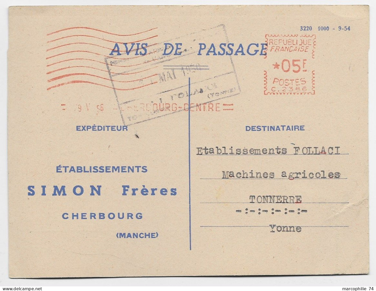 CHERBOURG CARTE PRIVEE AVIS DE PASSAGE SIMON FRERES + EMA 05FR CHERBOURG CENTRE 1956 - Cherbourg