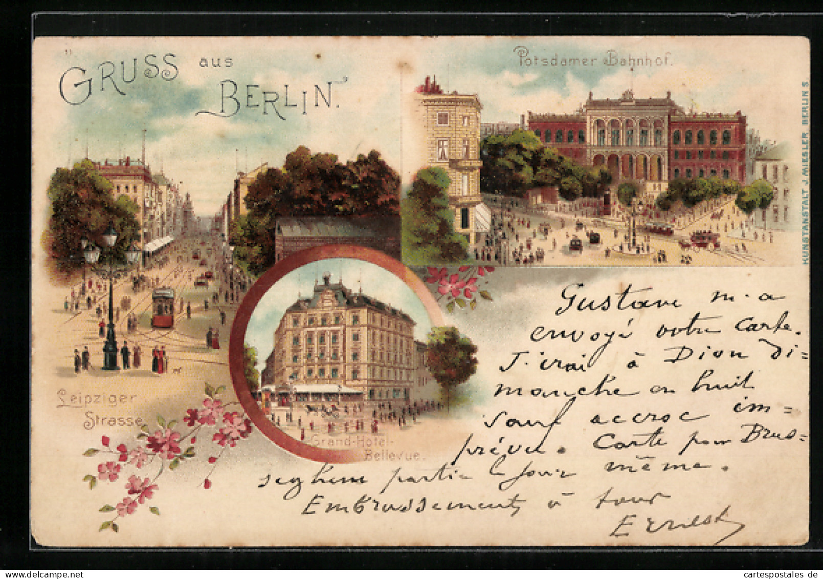 Lithographie Berlin, Potsdamer Bahnhof, Grand Hotel Bellevue, Strassenbahn In Der Leipziger Strasse  - Tiergarten