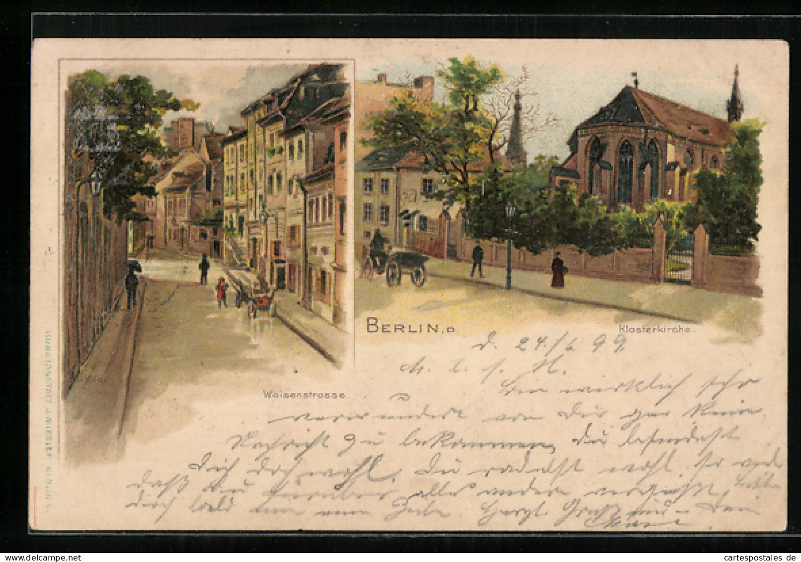 Lithographie Berlin, Waisenstrasse, Strassenansicht, Klosterkirche  - Mitte